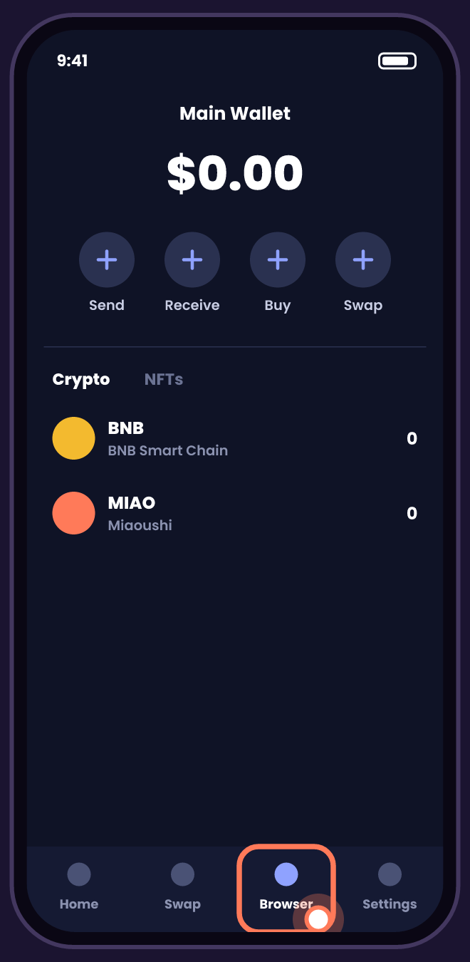 Wallet app home screen with the Browser tab highlighted