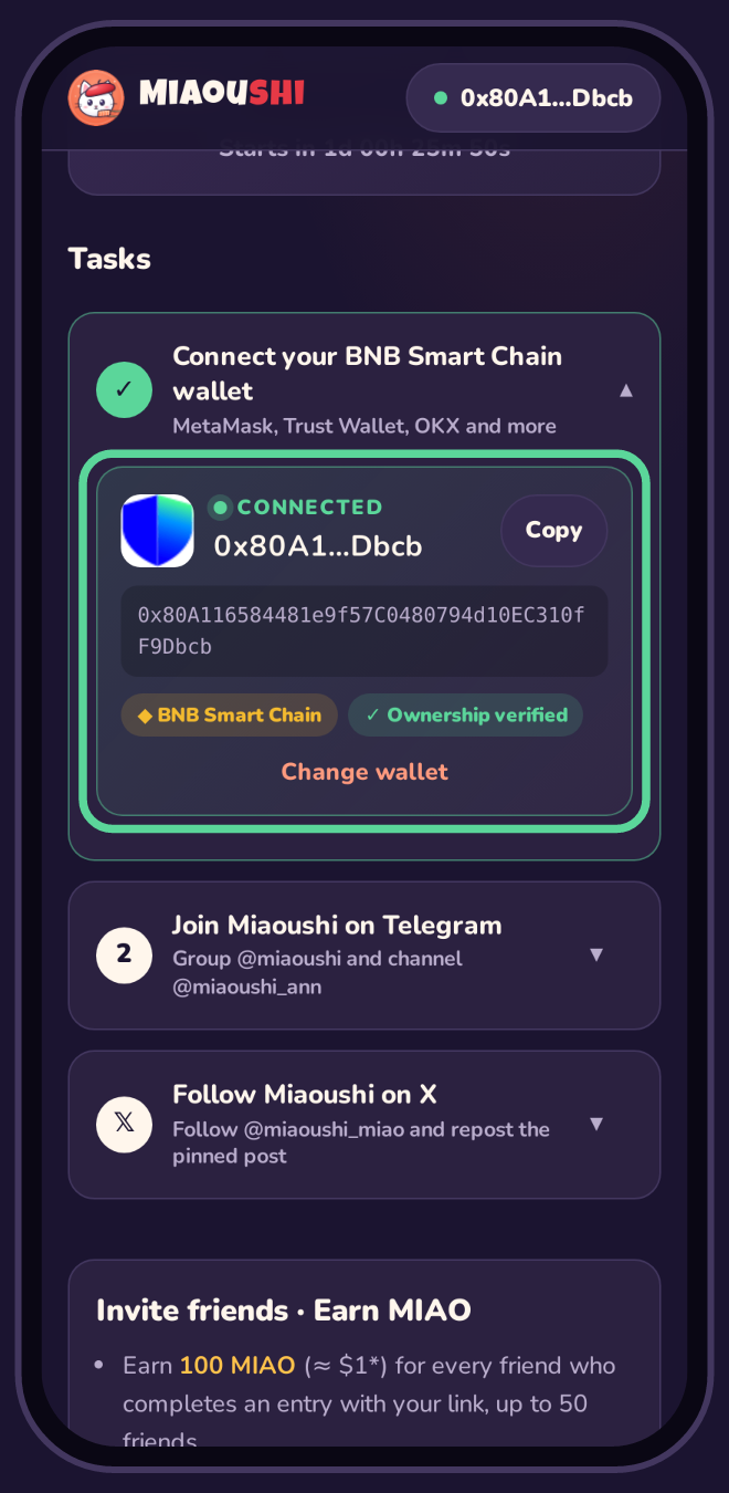 Connected wallet card with the address