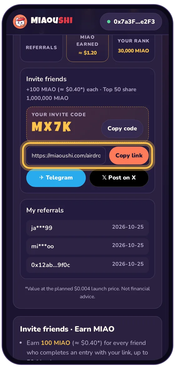 Invite friends: real airdrop page screenshot with the button highlighted