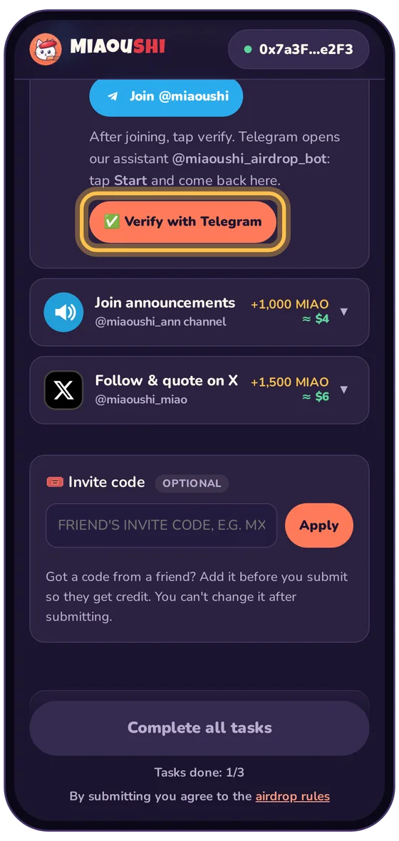 Join Telegram & verify: real airdrop page screenshot with the button highlighted