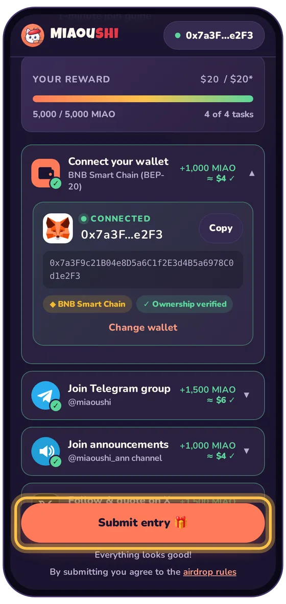 Submit your entry: real airdrop page screenshot with the button highlighted
